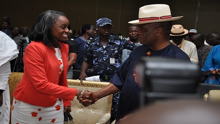 Dr Omobola Johnson, Minister of Communication Technology, in a warmth handshake with Rtd Rear Admiral Gboribiogha John Jonah, deputy governor of Bayelsa state, the 3rd regular meeting of the National Council on Communication Technology held in Yenagoa, Bayelsa State, recently.